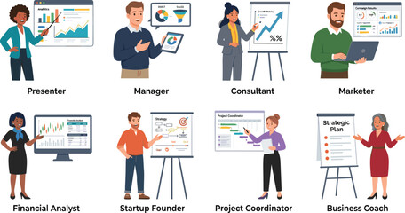 Fototapeta premium Business Professionals Presentation and Consulting Character Set with Analytics Marketing Strategy and Project Management Illustrations