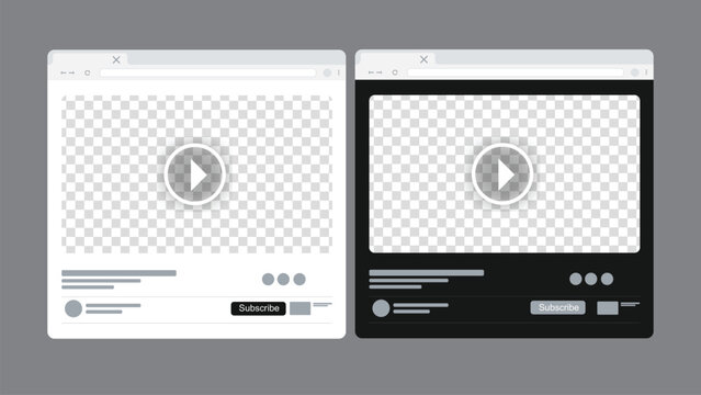 Youtube player interface vector template. Light and dark mode UI UX screen layout with play button for multimedia streaming, mobile app development, modern website design, and social media mockup.