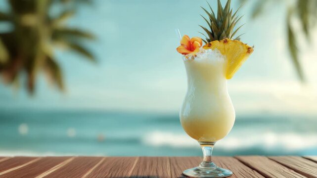 A vibrant tropical cocktail with a pineapple slice on the rim, set against a beach backdrop.