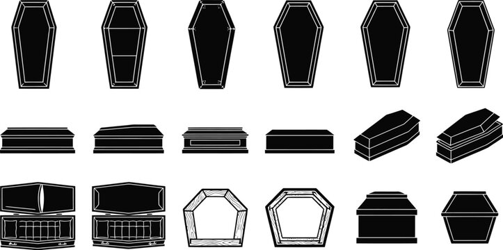 Crypt coffin architecture planning vector set with open and closed tomb silhouettes for halloween graphic design