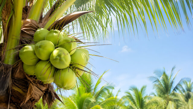 Green young coconuts growing on palm tree in tropical orchard