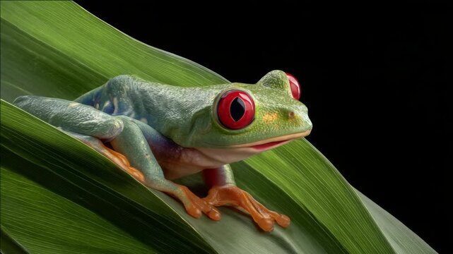 Close-up of a vibrant frog perched on lush green leaves, with striking red eyes and skin patterns