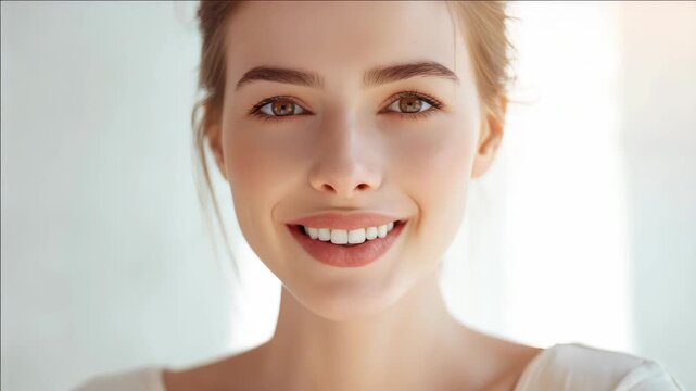 Young woman smiles brightly, eyes gentle and warm. Soft natural light illuminates her face and shoulders. Her hair is pulled back, revealing clear, radiant skin. Simple white top frames her joyful