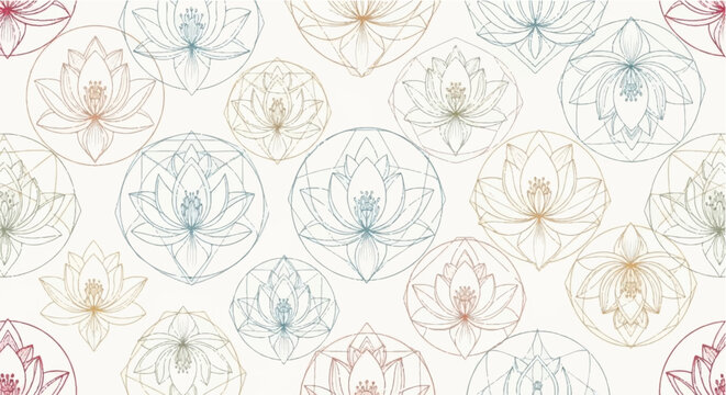 Seamless pattern of decorative mandala lotus flowers in soft pastel colors with seamless decorative background watercolor illustration botanical spiritual