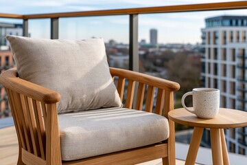 Fototapeta premium Relaxing on a modern balcony with a cup of coffee and a city view, featuring a wooden chair and table.