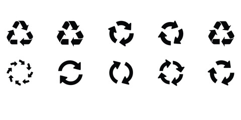 Fototapeta premium Recycle and arrow icon set, circular motion and loading symbols, sustainable waste management vector