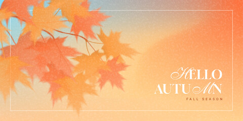 Naklejka premium Abstract autumn gradient banner. Vector autumn background with orange foliage of maple for decoration seasonal sale, advertising, branding, promotion, cards. Trendy gradient card. Fall season.