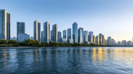 Obraz premium Modern city skyline at sunrise with reflections on calm water