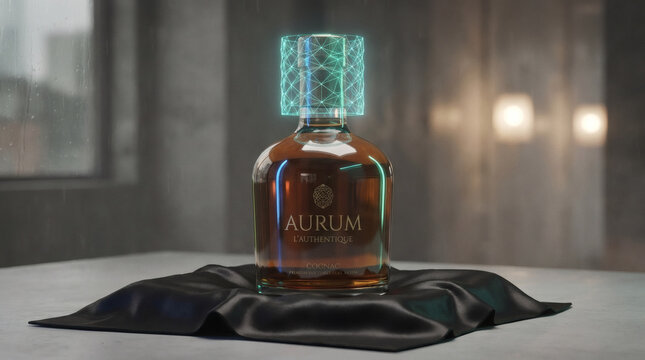 A clean studio photo of a luxury cognac bottle, where a glowing holographic geometric mesh wraps around the bottleneck like a seal. Placed on a black satin surface, sharp focus, minimalist composition