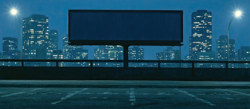 Empty billboard overlooks city skyline at dusk, parking lot foreground