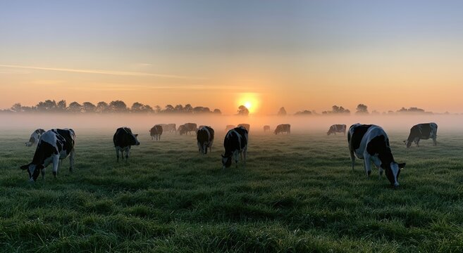 Cows graze peacefully in a misty field at sunrise