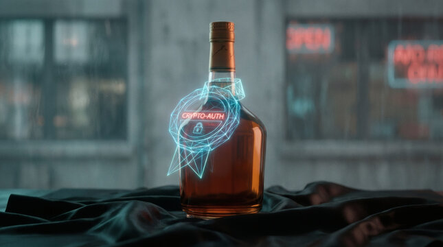 A clean studio photo of a luxury cognac bottle, where a glowing holographic geometric mesh wraps around the bottleneck like a seal. Placed on a black satin surface, sharp focus, minimalist composition