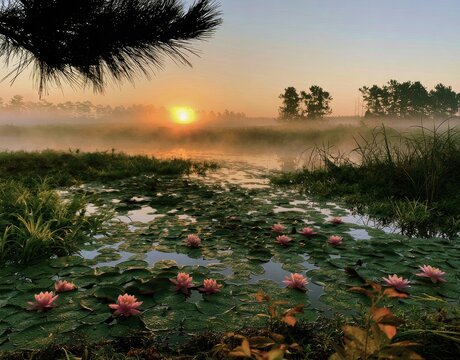Serene sunrise over misty water with blooming water lilies and silhouetted trees