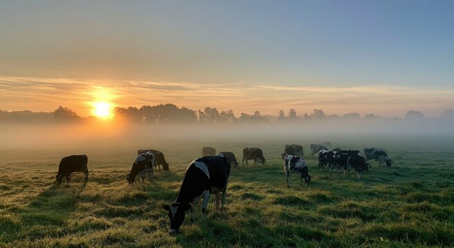 Peaceful cows graze in a misty field at sunrise, soft light