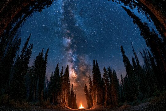 Vast starry sky illuminates a vibrant campfire in a dark forest clearing