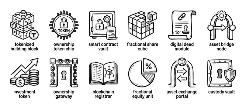 Set of hand-drawn blockchain icons representing asset tokenization, smart contracts, digital ownership, and fractional shares in a simple black and white doodle style illustration