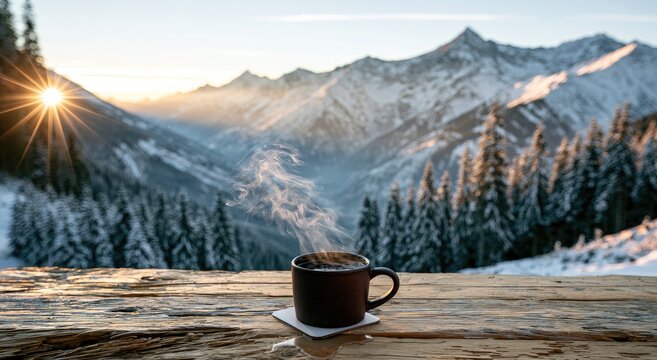 Steaming coffee cup on rustic table with snow-covered mountains at sunrise