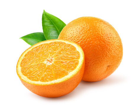 Orange with half cut isolated on white.