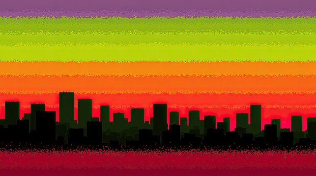 Silhouette of a city skyline against a vibrant, horizontally striped, gradient sky