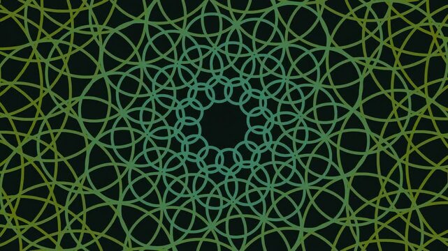 Abstract geometric background with overlapping circles forming a hypnotic pattern in shades of green.