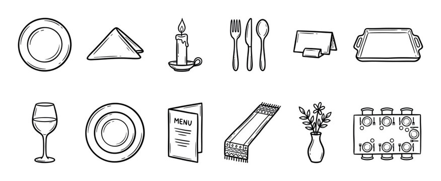 Set of hand-drawn table setting icons for dining and restaurant themes, featuring plates, cutlery, a menu, and a candle in a simple black and white doodle line art style