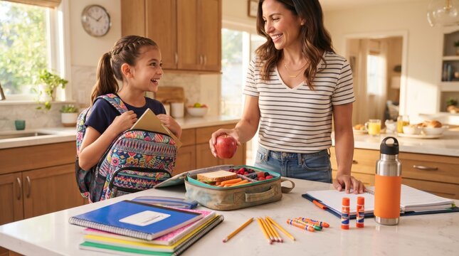 Woman packing healthy lunch for schoolgirl in kitchen. Mother preparing daughter for school morning. Education and motherhood concept. Family routine with student and packed meal.
