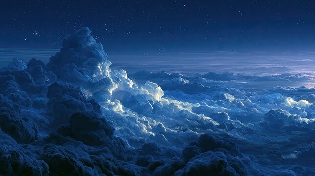Ethereal clouds glow with celestial light under a starry night sky