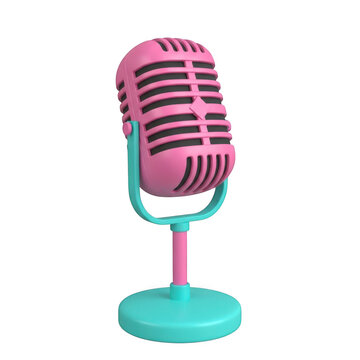 A vibrant pink microphone on a turquoise stand against a white background isolated on transparent background