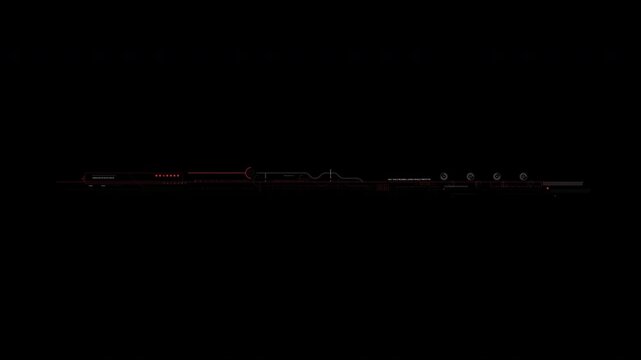 Abstract digital motion graphic featuring geometric shapes and light trails on black background.