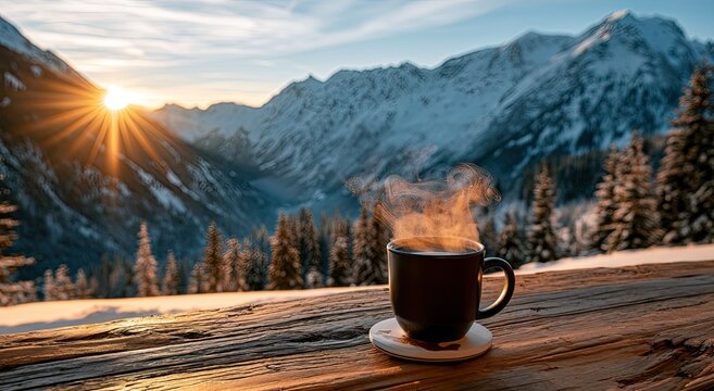 Steaming coffee mug on wooden table, snow-covered mountains, sunrise