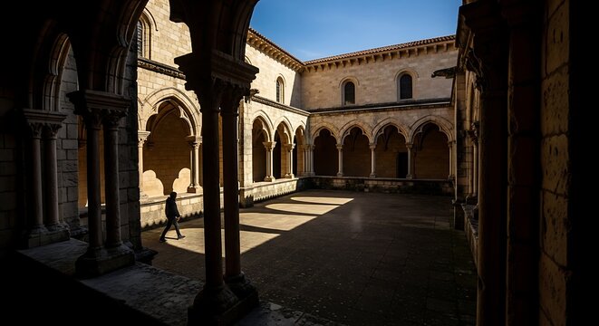 Historic Stone Cloister Courtyard with Arched Walkways in Sunlight