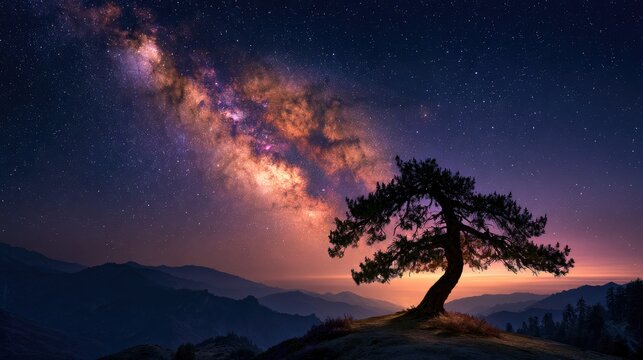 Lone tree silhouetted against vibrant starlit sky with glowing galaxy above