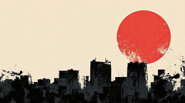 Stark silhouette of cityscape under a textured, vibrant red sun