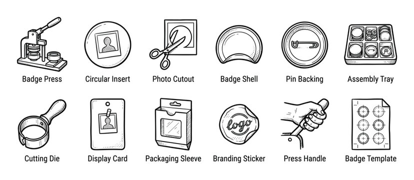 Collection of hand-drawn icons showing the process and equipment for making custom pin-back buttons, including a press, cutting die, shell, and packaging in a sketch doodle style