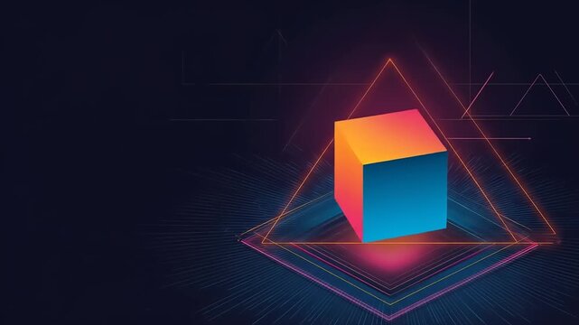 Glowing geometric cube with abstract digital light lines and triangular framing