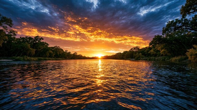 Fiery sunset over tranquil river, trees framing vibrant sky reflecting on water