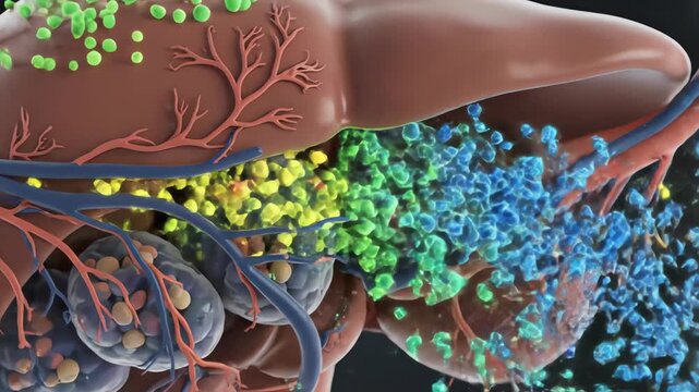 The liver with its intricate network of vessels and ducts is shown in a detailed medical illustration.