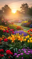 Fototapeta premium Stunning vibrant flower garden at golden sunrise.