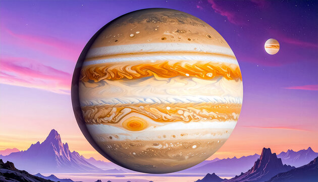 A futuristic landscape, the planet Jupiter, shining with a cold light against the backdrop of the black abyss of space, makes a majestic impression