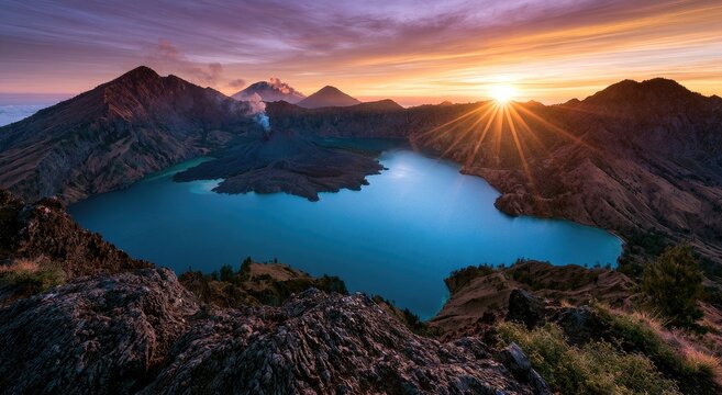Volcanic caldera lake at sunrise, with sunburst and misty peaks