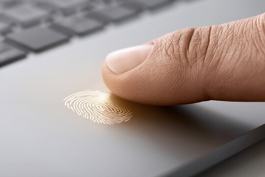 Close-up macro shot of a human thumb pressing on a digital fingerprint scanner for authentication.