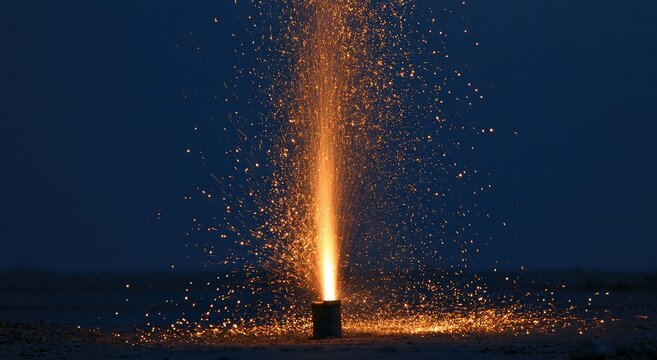 A small fountain fireworks device erupts with bright sparks against a dark night sky