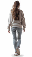Fototapeta premium Photorealistic isolated cutout image of a young woman with long flowing brown hair walking alone, viewed from behind.