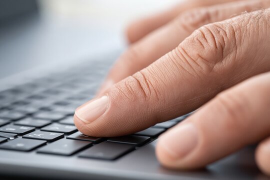 Close-up of a person's finger pressing a key on a laptop keyboard, focusing on detail and texture.
