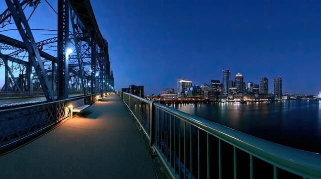 Night view of city skyline across water from a lit bridge