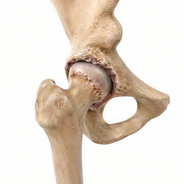 Hip osteoarthritis with osteophyte formation in isolated 3D anatomy render showing damaged hip joint, femoral head and acetabulum for orthopedic healthcare education and patient learning design