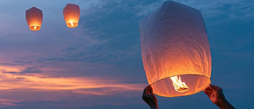 Hands hold a lit paper lantern against a dusky, cloudy sky with other lanterns ascending