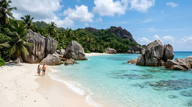 Secluded beach in Seychelles with giant granite rocks and turquoise water, tropical paradise photography