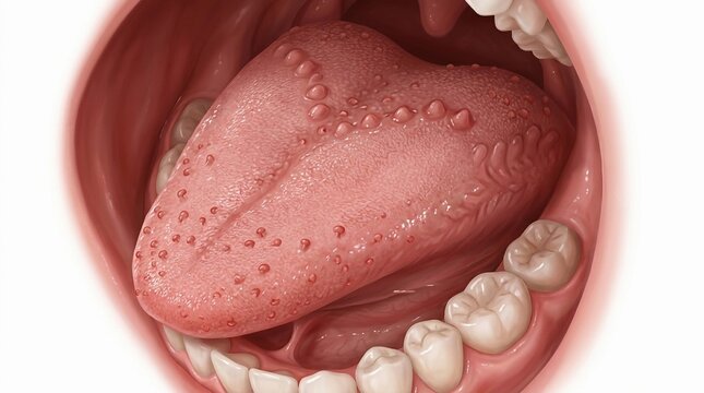 Anatomical illustration of a human tongue showing taste buds