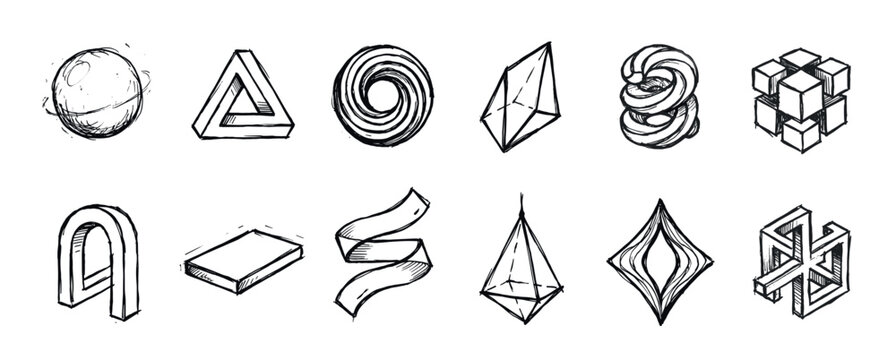 Set of hand-drawn abstract geometric shapes and impossible objects in a rough black ink sketch style, featuring various forms like spheres, spirals, and optical illusions